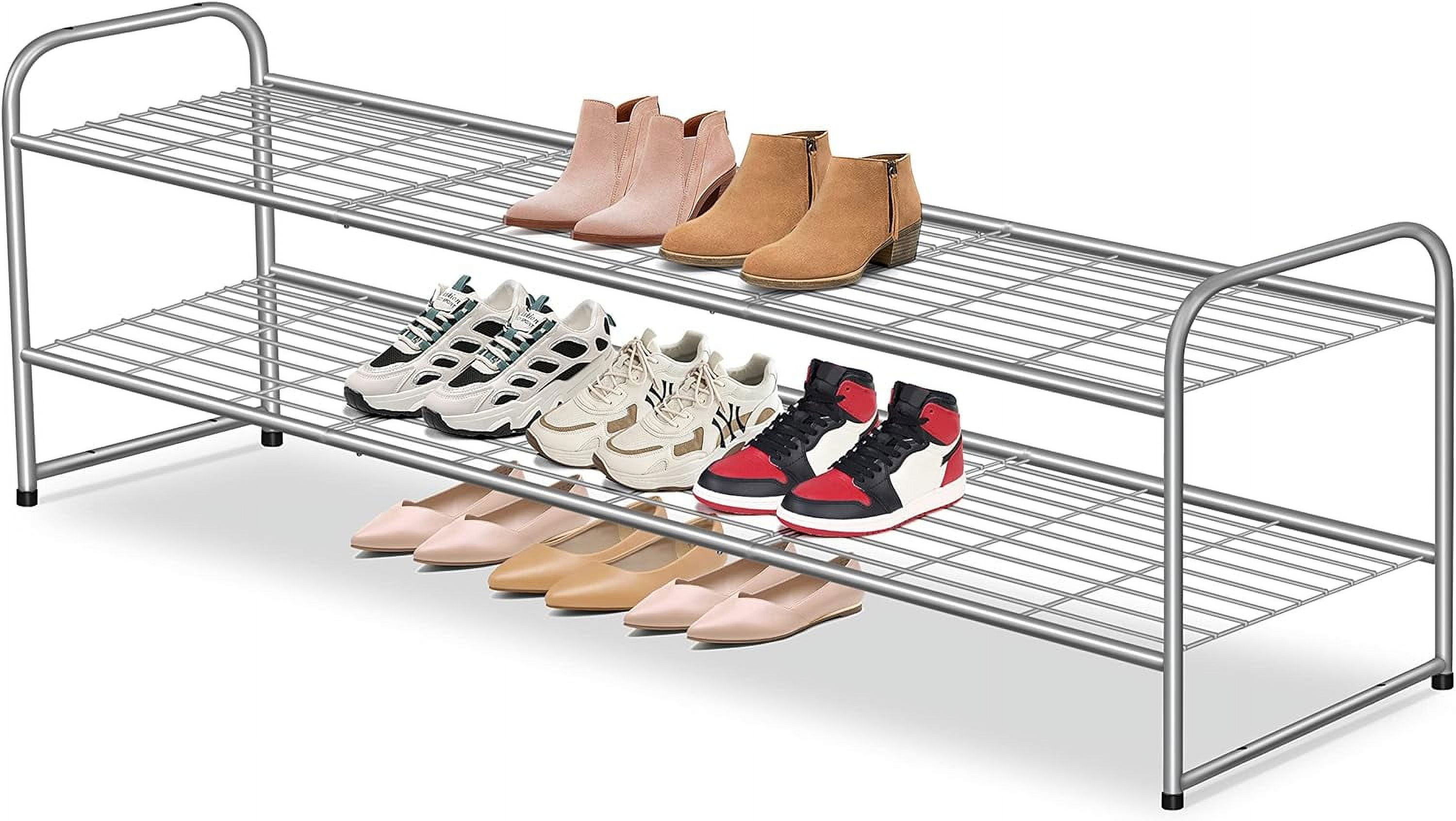2 Tier Long Metal Shoe Rack for Closet Wide Stackable Shoe Storage