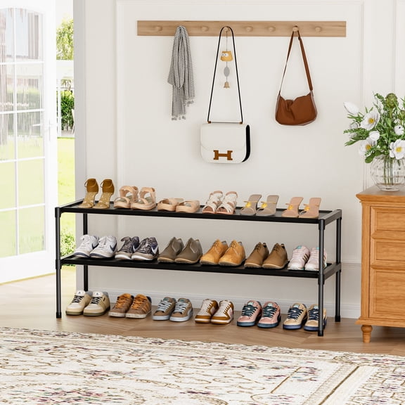 2 Tier Long Shoe Rack for 12-14 Pairs Wide Stackable Shoe Racks for Closet Entryway, Sturdy Durable Shoes Rack Holder Save Space