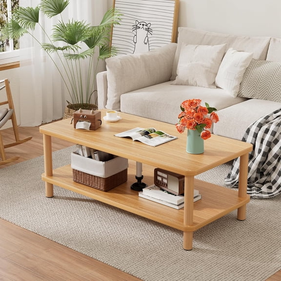 2-Tier Low Japanese Style Coffee Table, Solid Wood Leg Floor Table with Storage Shelf