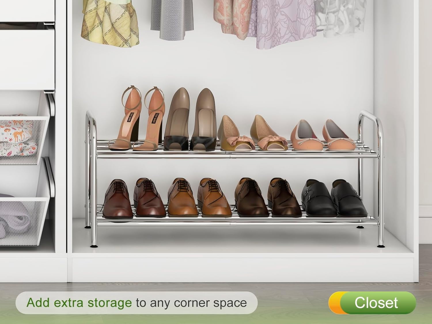 2-Tier Low Shoe Rack, Stainless Steel, Expandable Shoe Rack with