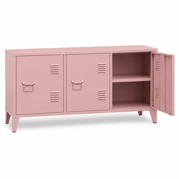 2-Tier Low Steel TV Cabinet with Doors and Shelf, Industrial Storage Locker Stand for Home Office, Pink Metal Unit, 44.49W x 15.75D x 22.83H