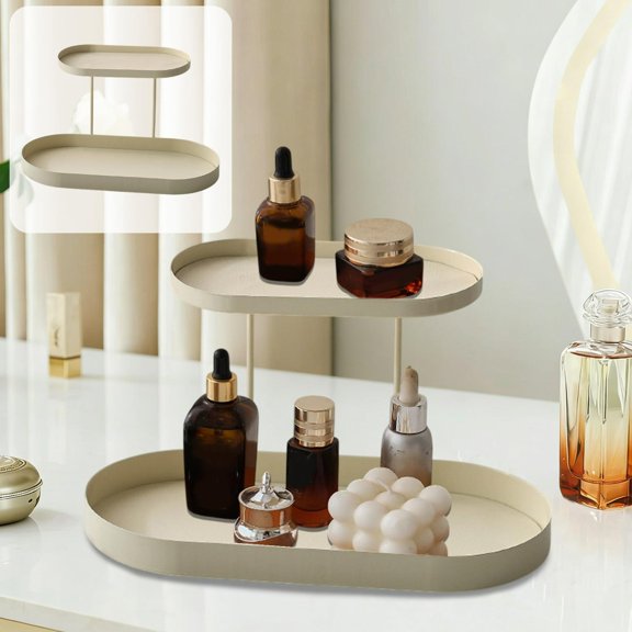 2-Tier Makeup Rack, Metal Frame Storage Rack, Jewelry Tray, Key Rack with Leather Interior, Decorative Shelves for Entrance, Bathroom, Bedroom