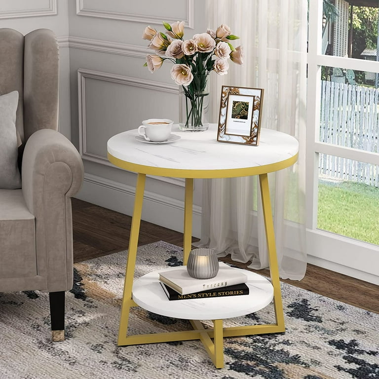 2 Tier Marble Side Table with Shelf Tribesigns Modern Round Bedside Table  for Living Room Bedroom White and Gold 