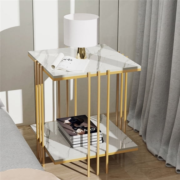2 Tier Marble Sofa End Table Bedside Tables Art Coffee Table Gold Pole Legs Furniture