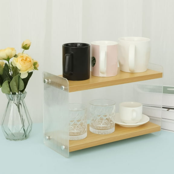 2 Tier Matcha Organizer Wooden Acrylic Double Layer Coffee Station Organizer Desktop Tea Accessory Shelf for Kitchen Office Coffee Bar Countertop