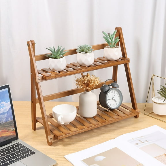2 Tier Matcha Station Shelf 15.7'' Coffee Station Organizer Bamboo Mug Holder Countertop,Desktop Flower Pot Rack for Home Living Room Window Sill Foldable Display Storage Shelf