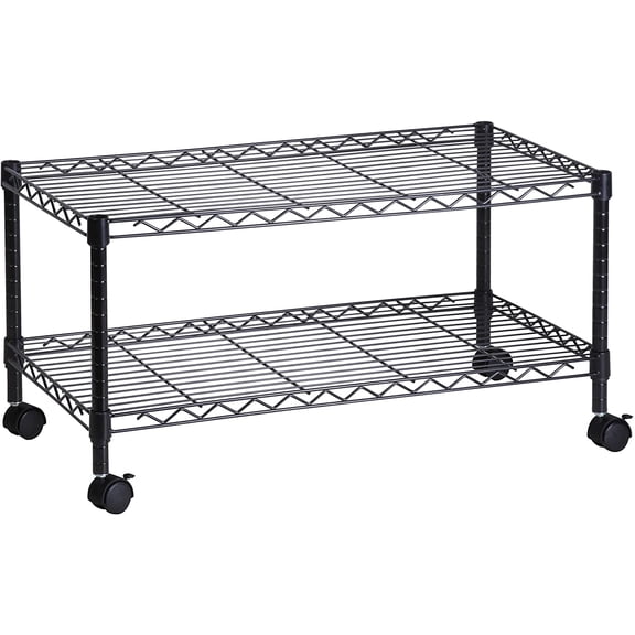 2-Tier Media Shelf Organizer with Adjustable Shelves with 125-lb Capacity Per Shelf, Black Steel Wire Shelving, Storage Rack with Smooth Rolling Locking Casters