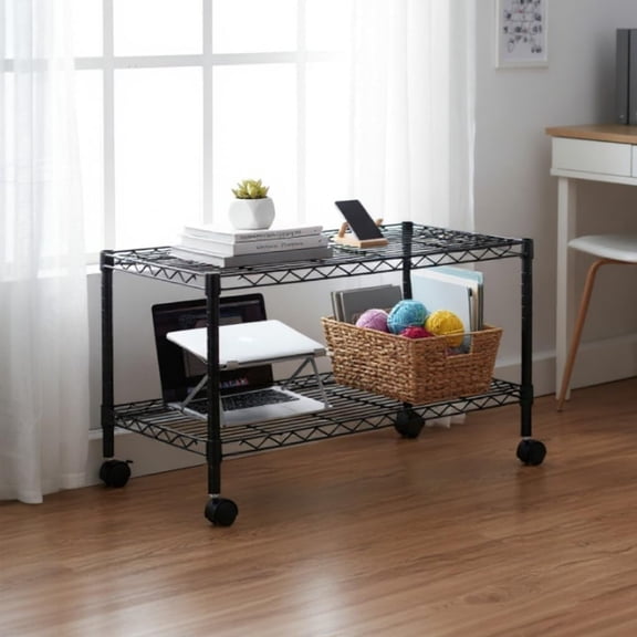 2-Tier Media Shelf Organizer with Adjustable Shelves and Locking Casters, Black Steel Wire Storage Rack for Bathroom Kitchen Laundry