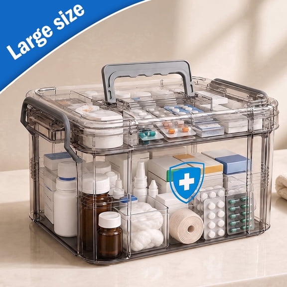 2-Tier Medicine Organizer, Portable Plastic Medical Box with Handle, Dual-Layer Storage Case for Pills and First Aid Supplies at Home