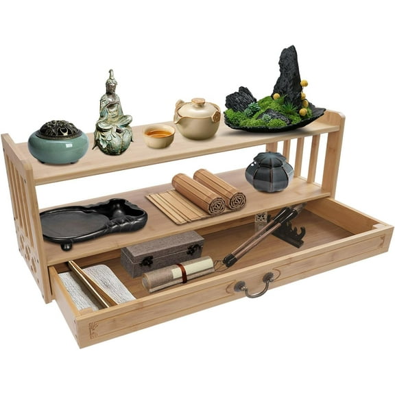 2 Tier Meditation Storage Table with Drawer, Wooden Office Desk Organizer for Desktop, Desktop Organizer Altar Table for Displaying Jars, Plants, Books