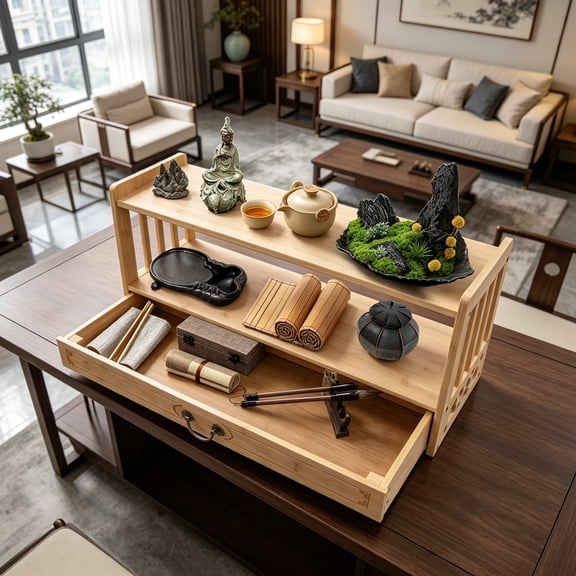 2-Tier Meditation Storage Table with Drawer, Wooden Office Desk Organizer for Desktop, Altar Table for Displaying Jars, Plants, Books