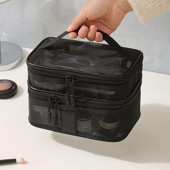 2 Tier Mesh Makeup Bag,8.66x6.3x5.51" Toiletry Bag For Holiday Business Trip,Clear View Sundry Storage Bag with Handle,Portable Holiday Gifts Toiletry Bags Set for Unisex