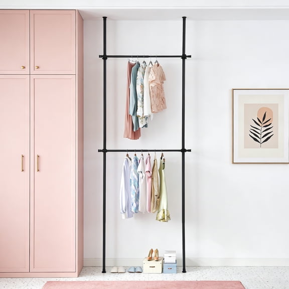 2 Tier Metal Closet Garment Rack Clothes Storage Organizer Ceiling Top and Floor