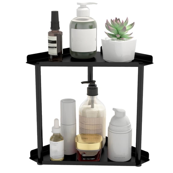 2-Tier Metal Corner Countertop Organizer, Sturdy Bathroom & Vanity Shelf with Guardrails, Space-Saving Storage for Kitchen, Bathroom Essentials