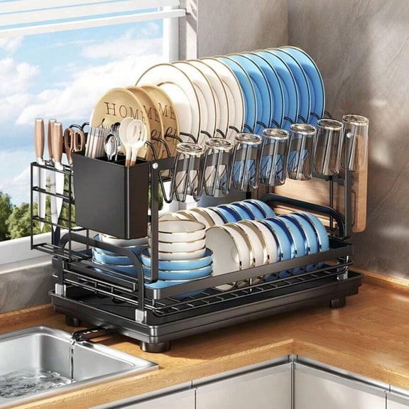 2-Tier Metal Dish Drying Rack with Drain Tray, Kitchen Counter Dish Rack with Utensil Holder, Cup Holder and Cutting Board Holder, Space-Saving Kitchen Drying Rack, Black