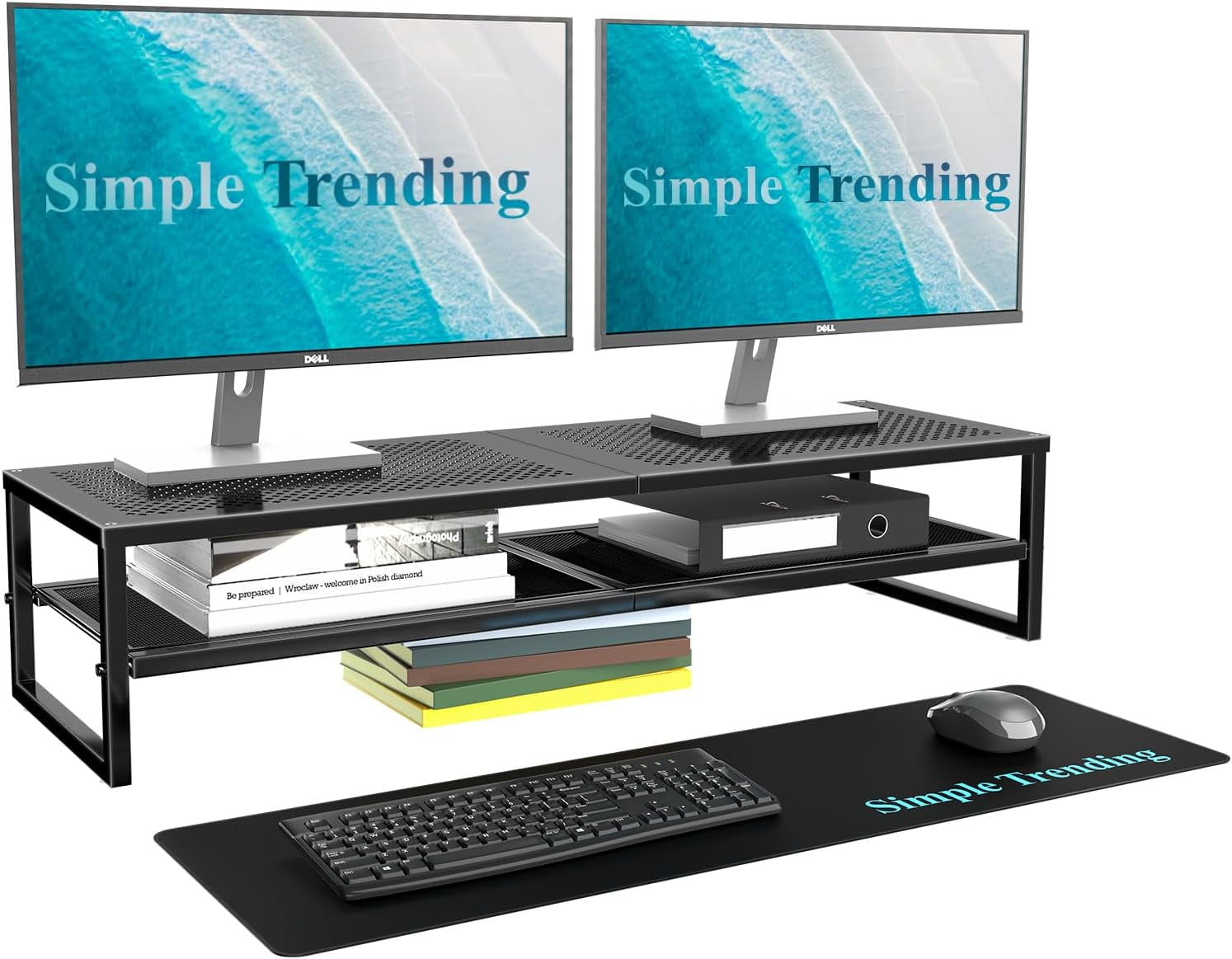 2 Tier Metal Dual Monitor Stand Riser,Computer Office Desktop Organizer for 2 Monitors With 32"x10" Mouse Pad ,for Laptop,Printer,TV,Black