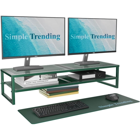 2 Tier Metal Dual Monitor Stand Riser, Computer Office Desktop Organizer for 2 Monitors with 32"x10" Mouse Pad for Laptop, Printer, TV, Green