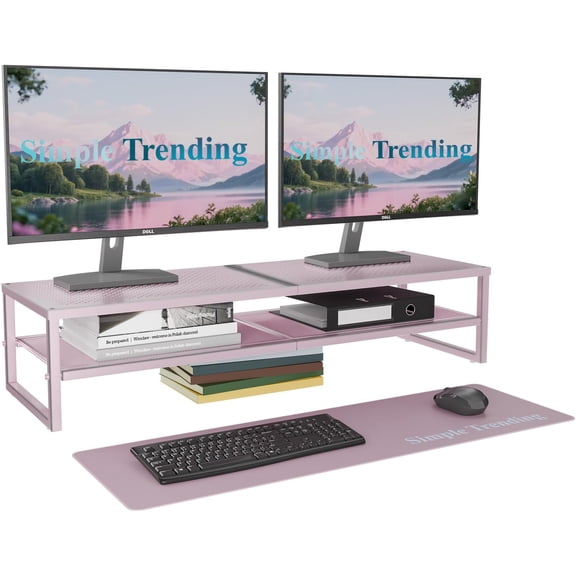 2 Tier Metal Dual Monitor Stand Riser, Computer Office Desktop Organizer for 2 Monitors with 32"x10" Mouse Pad for Laptop, Printer, TV, Pink