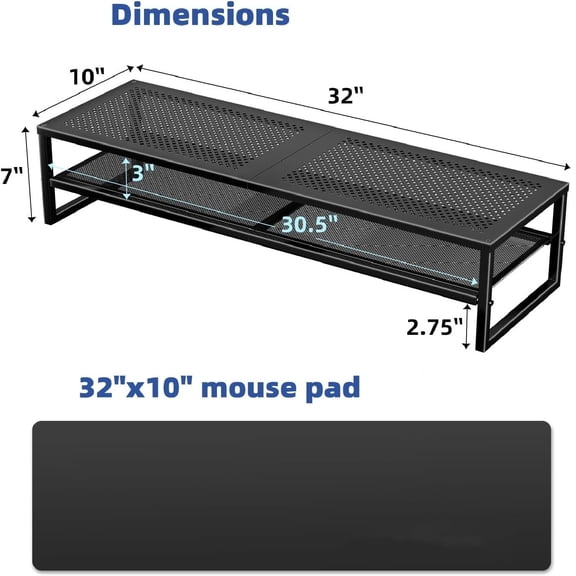 2 Tier Metal Dual Monitor Stand Riser with 32"x10" Mouse Pad, Computer Desk Organizer for 2 Monitors, Laptop, Printer, TV, Black