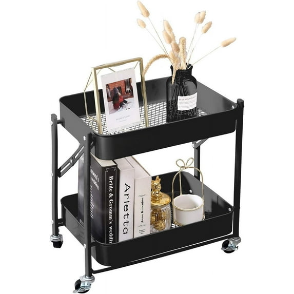2-Tier Metal Folding Rolling Cart, Mobile Utility Cart Trolley Storage Organizer for Office Home Kitchen Organization, Sofa Side End Table with Wheels, Black