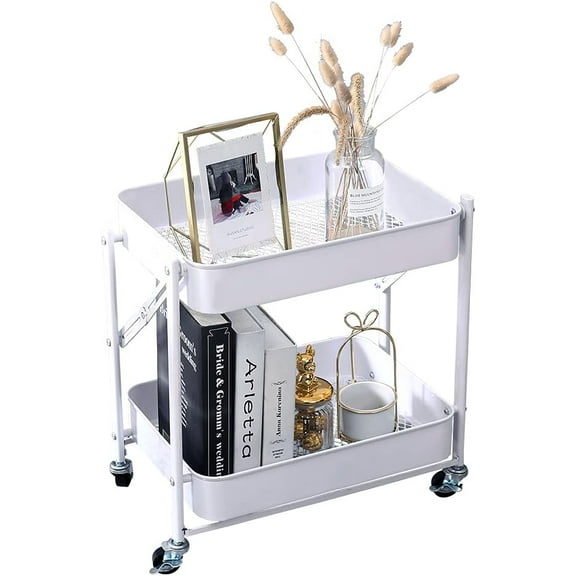 2-Tier Metal Folding Rolling Cart, Mobile Utility Cart Trolley Storage Organizer for Office Home Kitchen Organization, Sofa Side End Table with Wheels, White