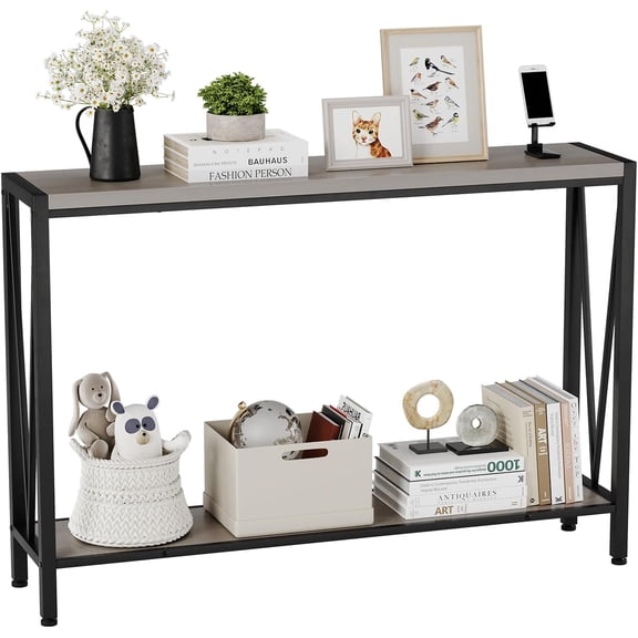 2-Tier Metal Frame Narrow Console Table with Storage, Narrow Entryway Sofa Table for Entryway & Living Room