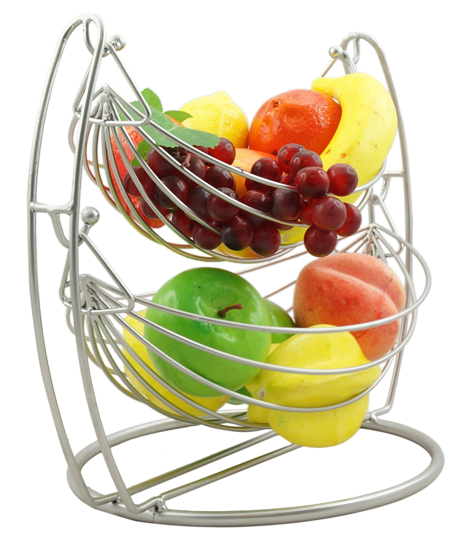 Basicwise 2 Tier Metal Fruit Holder Swing Basket for Kitchen | Detachable Countertop Vegetables Storage Organizer with Display Hammock Stand