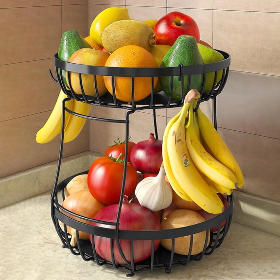 2 Tier Metal Fruit Basket with 2 Banana Hangers - Stackable Countertop Fruit Bowl for Kitchen, Bread Vegetables Fruits Storage Organizer