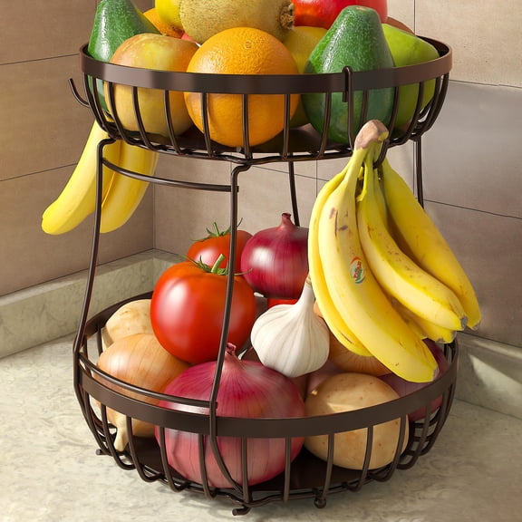 2 Tier Metal Fruit Basket with 2 Banana Hangers - Stackable Countertop Fruit Bowl for Kitchen, Bread Vegetables Fruits Storage Organizer