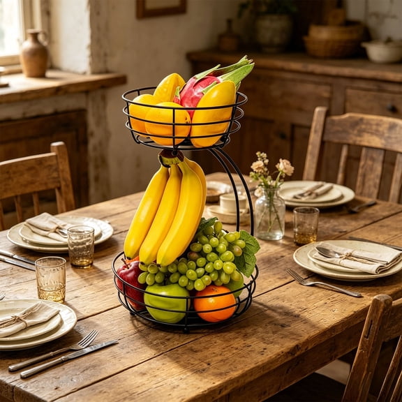 2 Tier Metal Fruit Basket with Banana Hanger for Kitchen Countertop Storage Organizer, Standing Wire Fruit Bowl for Produce and Snacks
