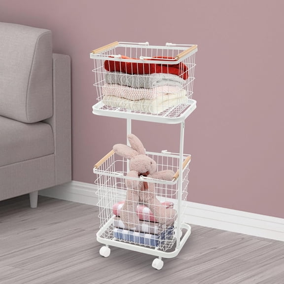 2 Tier Metal Laundry Basket with Wheels, Large Removable Rolling Wire Laundry Basket with Handles, Dirty Clothes Hamper Organizer for Bathroom Bedroom Balcony (White)