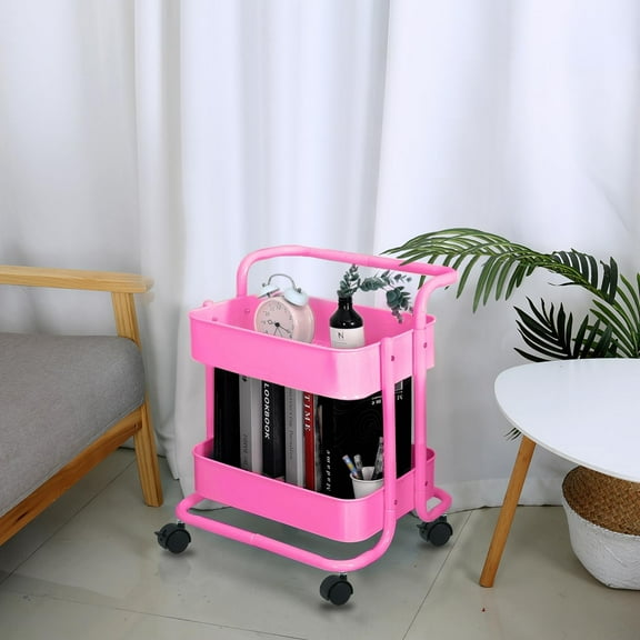 2-Tier Metal Mesh Rolling Cart Storage Organizer with Wheels and Handle, Pink