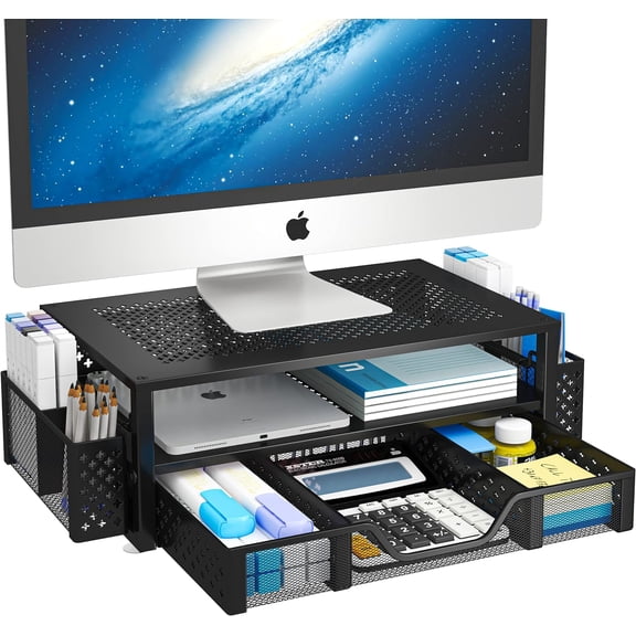 2 Tier Metal Monitor Stand Monitor riser and Computer Desk Organizer with Drawer and Pen Holder for Laptop, Computer, iMac, Black