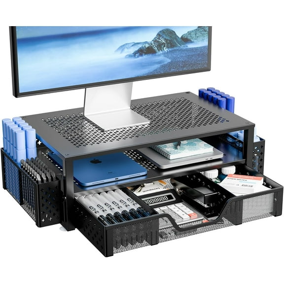 2 Tier Metal Monitor Stand with Drawer & Pen Holder, Computer Desk Organizer Riser for Laptop, iMac, PC - Space Saving Home Office Setup