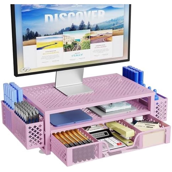 2 Tier Metal Monitor Stand Monitor riser and Computer Desk Organizer with Drawer and Pen Holder for Laptop, Computer, iMac, Pink