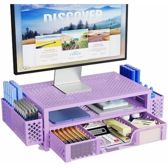 2 Tier Metal Monitor Stand Monitor riser and Computer Desk Organizer with Drawer and Pen Holder for Laptop, Computer, iMac, Purple