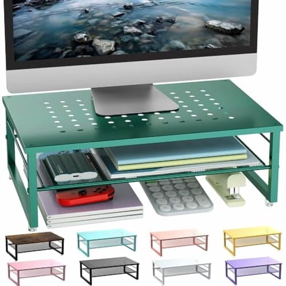 2-Tier Metal Monitor Stand Riser, Desk Organizer for Monitor, Office Desk Storage Organizer for Office Supplies (Dark Green)