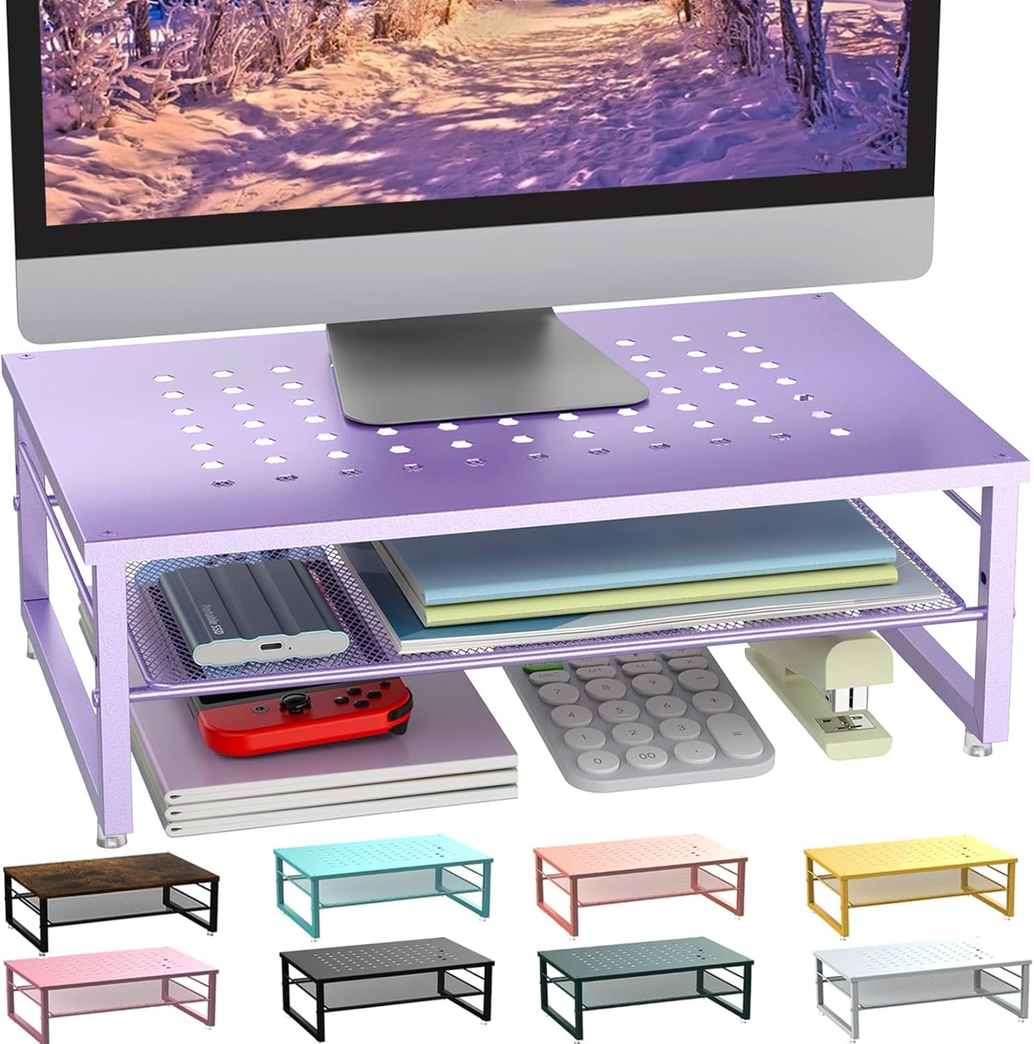 2-Tier Metal Monitor Stand Riser, Office Desk Storage Organizer for ...