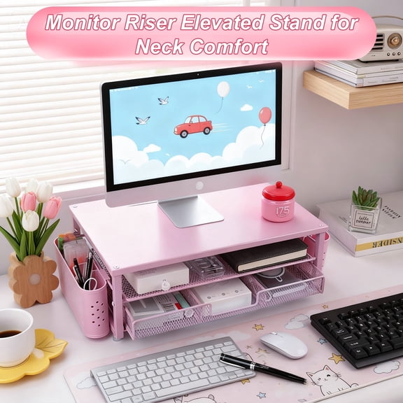 2-Tier Metal Monitor Stand Riser with Sliding Drawer & 2 Pen Holders, Ergonomic Desk Organizer with Mini Keyboard Storage, Heavy-Duty Computer Laptop Printer Stand for Office Home Dorm, Pink