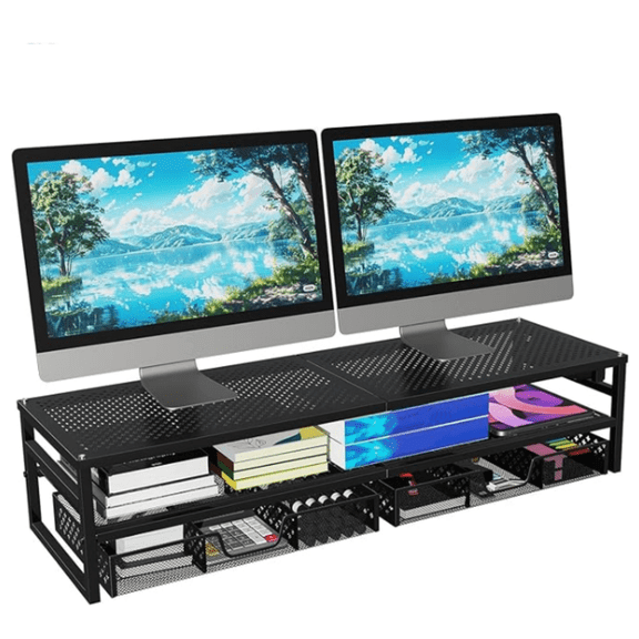 2 Tier Metal Monitor Stand Riser with USB and Charging Prot , Computer Office Desktop Organizer for 2 Monitors with 2 Drawer Storage and Cable Ties for Printer, TV, Black