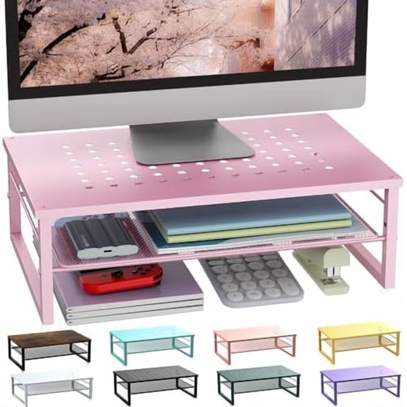 2-Tier Metal Monitor Stand Riser, Workspace Organizer with Desk Accessories, Office Storage for Supplies (Pink)