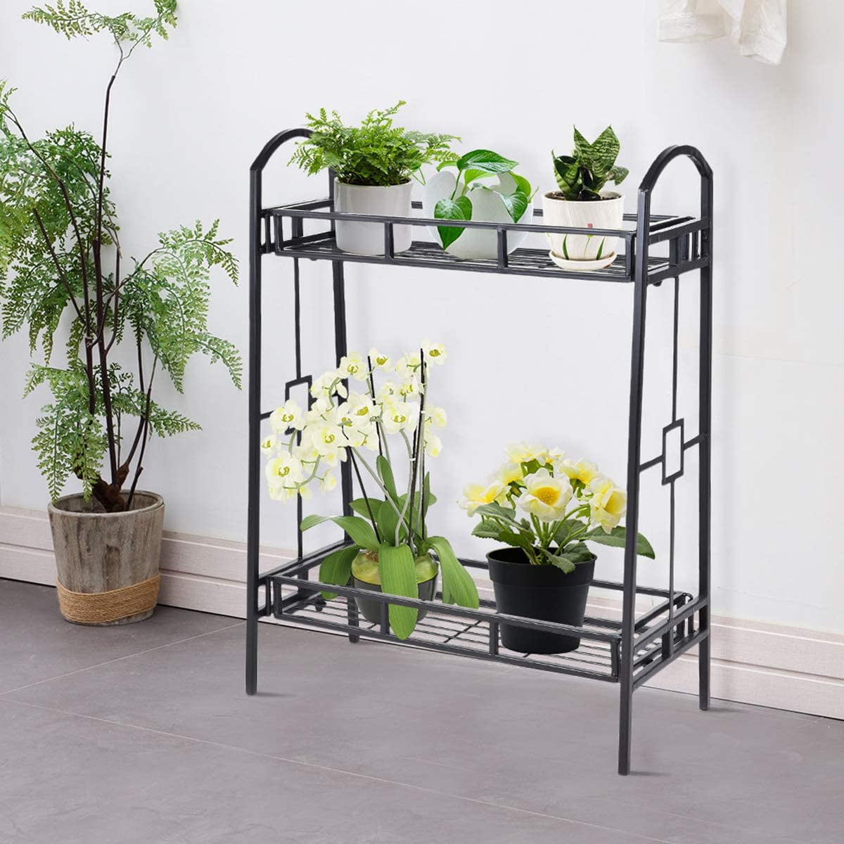 2 Tier Metal Plant Stand, Indoor Outdoor Flower Pots Display Rack Shelf
