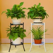 2 Tier Metal Plant Stand, Round Plant Shelf Flower Pot Rack Modern Planter Holder for Garden Patio Indoor Outdoor Black White
