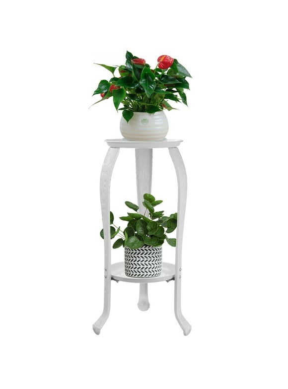 2 Tier Metal Plant Stand, Plant Shelf Flower Pot Holder Display Storage Shelf, Side Table End Table for Indoor Outdoor Patio Garden Home Office, White