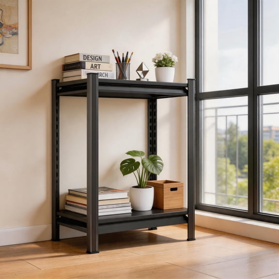 2-Tier Metal Printer Stand 14''W, Industrial Storage Shelving Sofa Side Table 12''D, Black Adjustable Office Organizer Bookshelf, Bedroom Nightstand Plant Shelf 22''H