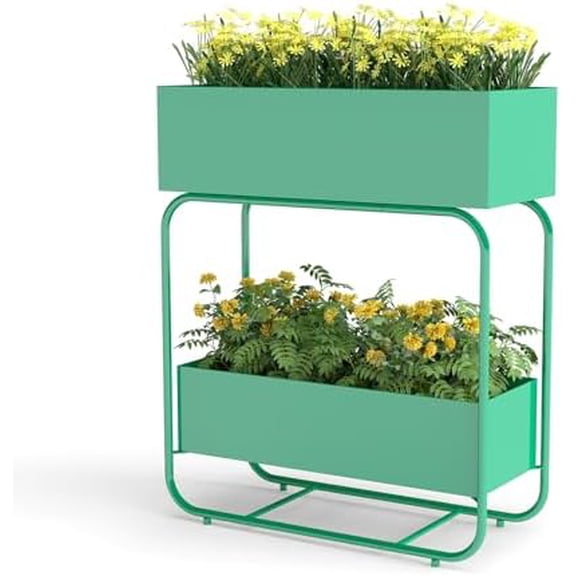 2-Tier Metal Raised Garden Bed, Planter Box with Drainage, Double Layer Flower Stand for Vegetables and Herbs, Indoor Outdoor$$Garden & Patio