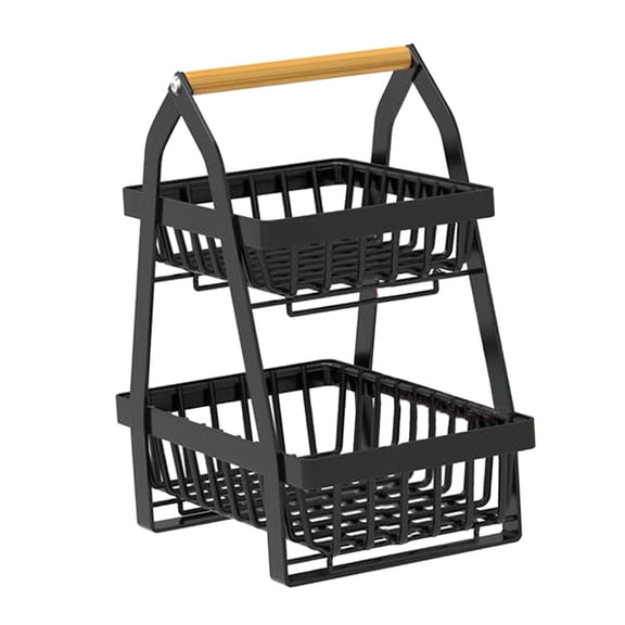 2 Tier Metal Rectangular Wire Basket with Wooden Handle,Fruit Storage Basket,Bread Snacks Vegetable Fruit Basket Bowl Stand for Countertop