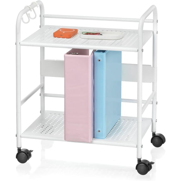 2-Tier Metal Rolling Cart, Under Desk Storage with 12.2" Shelf Clearance, Anti-Drop Guard & Hooks, Compact Utility Cart for Kitchen, Office, Laundry, Bathroom, Pantry, Living Room - White