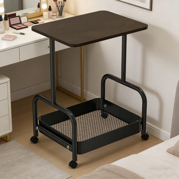 2 Tier Metal Rolling Cart with Walnut Table Top, Lockable Wheels Storage Organizer for Kitchen Bathroom Coffee Bar