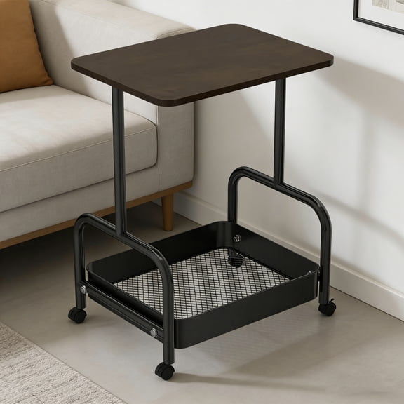 2 Tier Metal Rolling Cart with Walnut Table Top, Lockable Wheels Storage Organizer for Kitchen, Bathroom, Craft Room